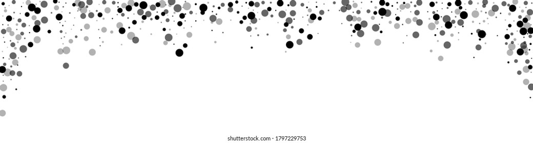 Scattered dense balck dots. Dark points dispersion on white background. Beauteous grey spots dispersing overlay template. Curious vector illustration.