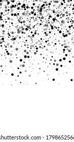 Scattered dense balck dots. Dark points dispersion on white background. Awesome grey spots dispersing overlay template. Actual vector illustration.