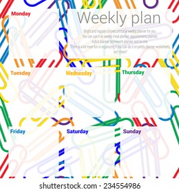 Scattered different colored paperclips. Design. Background. Rainbow. Weekly plan.Weekly planner. Meal planner, appointments planner, todo's planner, homework planner.