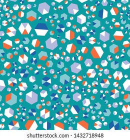 Scattered Ditzy Hexagon Geometric Seamless Repeat Vector Pattern Swatch.

Blue, Orange, Teal, Pink, Lavender. From "Summer Bright" Collection.