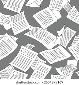 Documentos dispersos caindo pelo ar em padrão abstrato traço preto e branco no fundo cinza
