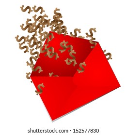 Scattered dollar sign from envelope on white background