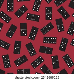 Scattered domino tile pattern. Black domino pieces on a dark red background. Table game.