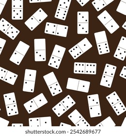 Scattered domino tile pattern. White domino pieces on a dark brown background. Table game.