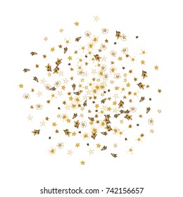Scattered doodle golden stars on white background. Stars confetti vector illustration for print, paper, textile.
