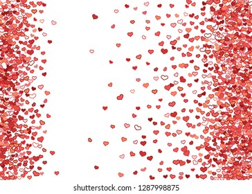 Scattered doodle red hearts frame on white background. Doodle heart Valentines Day confetti card. Template for February 14th. Vector illustration for greeting, special business ad, voucher, banner.