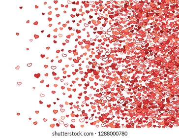 Scattered doodle red hearts frame on white background. Doodle heart Valentines Day confetti card. Template for February 14th. Vector illustration for greeting, special business ad, voucher, banner.