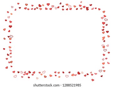 Scattered doodle red hearts frame on white background. Doodle heart Valentines Day confetti card. Template for February 14th. Vector illustration for greeting, special business ad, voucher, banner.