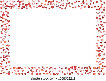 Scattered doodle red hearts frame on white background. Doodle heart Valentines Day confetti card. Template for February 14th. Vector illustration for greeting, special business ad, voucher, banner.