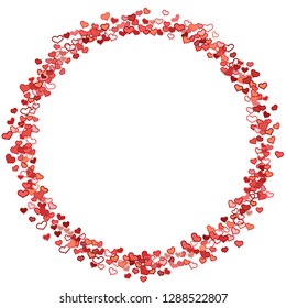 Scattered doodle red hearts frame on white background. Doodle heart Valentines Day confetti card. Template for February 14th. Vector illustration for greeting, special business ad, voucher, banner.