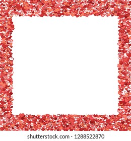 Scattered doodle red hearts frame on white background. Doodle heart Valentines Day confetti card. Template for February 14th. Vector illustration for greeting, special business ad, voucher, banner.
