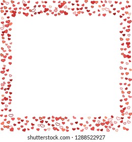 Scattered doodle red hearts frame on white background. Doodle heart Valentines Day confetti card. Template for February 14th. Vector illustration for greeting, special business ad, voucher, banner.
