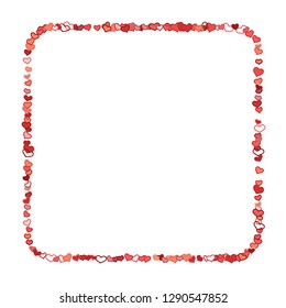 Scattered doodle red hearts frame on white background. Doodle heart Valentines Day confetti card. Template for February 14th. Vector illustration for greeting, special business ad, voucher, banner.