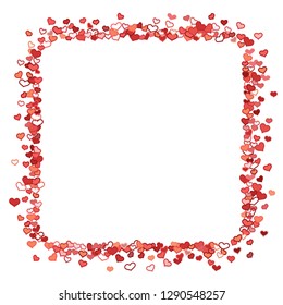 Scattered doodle red hearts frame on white background. Doodle heart Valentines Day confetti card. Template for February 14th. Vector illustration for greeting, special business ad, voucher, banner.