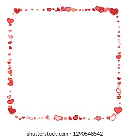 Scattered doodle red hearts frame on white background. Doodle heart Valentines Day confetti card. Template for February 14th. Vector illustration for greeting, special business ad, voucher, banner.