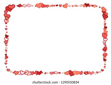Scattered doodle red hearts frame on white background. Doodle heart Valentines Day confetti card. Template for February 14th. Vector illustration for greeting, special business ad, voucher, banner.