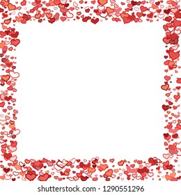 Scattered doodle red hearts frame on white background. Doodle heart Valentines Day confetti card. Template for February 14th. Vector illustration for greeting, special business ad, voucher, banner.