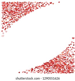 Scattered doodle red hearts frame on white background. Doodle heart Valentines Day confetti card. Template for February 14th. Vector illustration for greeting, special business ad, voucher, banner.