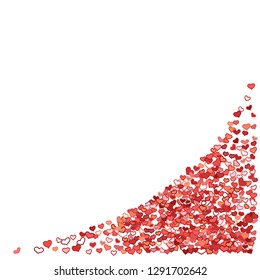 Scattered doodle red hearts frame on white background. Doodle heart Valentines Day confetti card. Template for February 14th. Vector illustration for greeting, special business ad, voucher, banner.