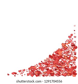 Scattered doodle red hearts frame on white background. Doodle heart Valentines Day confetti card. Template for February 14th. Vector illustration for greeting, special business ad, voucher, banner.