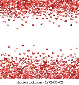 Scattered doodle red hearts frame on white background. Doodle heart Valentines Day confetti card. Template for February 14th. Vector illustration for greeting, special business ad, voucher, banner.