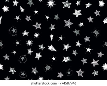 Scattered doodle stars seamless pattern. Hand drawn star on black background. Vector illustration for print, textile, paper.