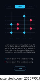 Scattered dot chart UI element template. Editable isolated vector dashboard component. Flat user interface. Visual data presentation. Web design widget for mobile application with dark theme