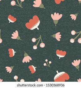 Scattered fall flowers berries seamless vector background. Abstract fall pattern pink orange green. Repeating texture Scandi fall leaf. Textured background. Use for fabric, Thanksgiving, digital paper