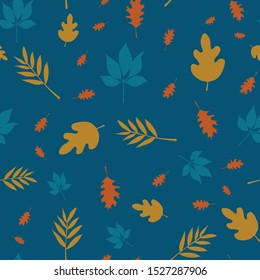 Scattered fall leaves seamless vector background. Abstract fall pattern pink teal white gold brown. Repeating texture Scandinavian fall leaf. Seasonal fall. For fabric, Thanksgiving, digital paper