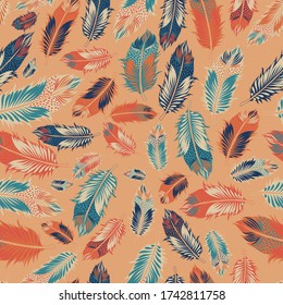 scattered feathers Pattern. Boho  Vector seamless repeat pattern. perfect on fabrics,wall paper,home decor products and rugs or as art prints