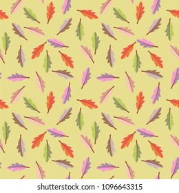 Scattered Feathers Seamless Pattern - Colorful feathers scattered over pale yellow background