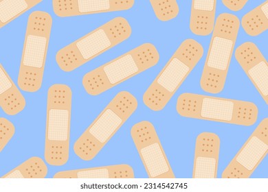 Scattered flat beige medical plasters on blue background. Group of medical band aids, seamless pattern. Vector Illustration. EPS 10.