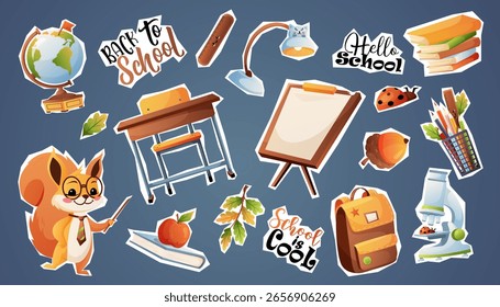 Espalhados adesivos de escola plana com esquilo professor mesa livros lâmpada maçã bolotas folhas e mensagens de escola brincalhão.
