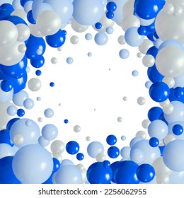 Scattered floating colored spheres on a vibrant background - 3D render. Blue and white balls.