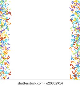 Scattered frame on white background made of colorful question point. Vector illustration.