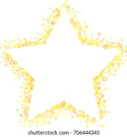 Scattered frame on white background made of little gold stars. Falling little gold glitter Confetti stars. Scatter frame made of gold falling confetti stars. Vector illustration.