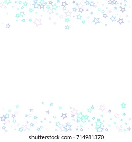 Scattered frame on white background made of little blue stars. Scatter circle frame made of blue falling confetti stars. Vector illustration.