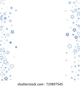 Scattered frame on white background made of little blue stars. Scatter frame made of blue falling confetti stars. Vector illustration.