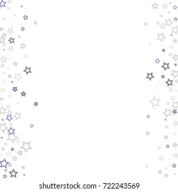 Scattered frame on white background made of little blue stars. Scatter frame made of blue falling confetti stars. Vector illustration.