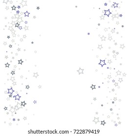 Scattered frame on white background made of little blue stars. Scatter frame made of blue falling confetti stars. Vector illustration.