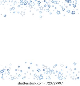 Scattered frame on white background made of little blue stars. Scatter frame made of blue falling confetti stars. Vector illustration.