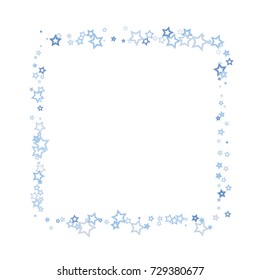 Scattered frame on white background made of little blue stars. Scatter frame made of blue falling confetti stars. Vector illustration.