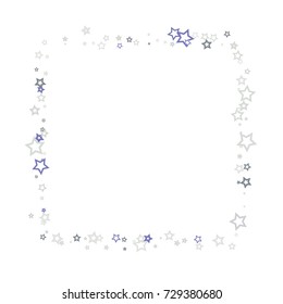 Scattered frame on white background made of little blue stars. Scatter frame made of blue falling confetti stars. Vector illustration.