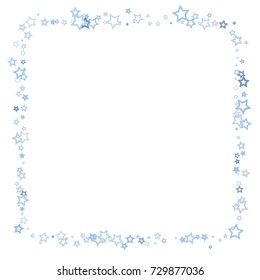 Scattered frame on white background made of little blue stars. Scatter frame made of blue falling confetti stars. Vector illustration.