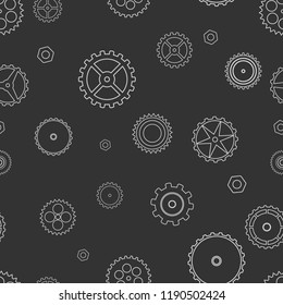 Scattered gears and screw-nuts on a dark background. Different sizes and shapes. Teeth of different types. Seamless pattern. Technical.