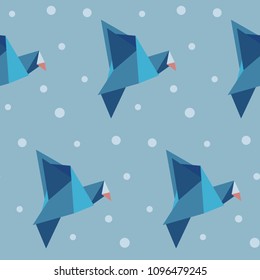 Scattered geometric line shapes. Abstract background design with birds. Vector seamless pattern.