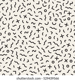 Scattered Geometric Line Shapes. Abstract Background Design. Vector Seamless Black and White Pattern.