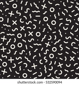 Scattered Geometric Line Shapes. Abstract Background Design. Vector Seamless Black and White Pattern.