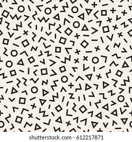Scattered Geometric Line Shapes. Abstract Background Design. Vector Seamless Black and White Pattern.