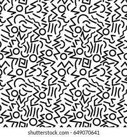 Scattered Geometric Line Shapes. Abstract Background Design. Vector Seamless Black and White Pattern
